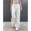 imagechouyatou Womens Baggy Cargo Parachute Pants Low Waisted Wide Leg Y2K Trousers SweatpantsWhite