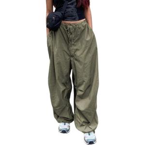 imagechouyatou Womens Baggy Cargo Parachute Pants Low Waisted Wide Leg Y2K Trousers SweatpantsArmy Green