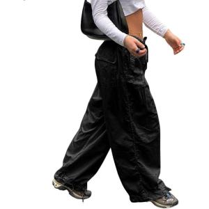 imagechouyatou Womens Baggy Cargo Parachute Pants Low Waisted Wide Leg Y2K Trousers SweatpantsBlack