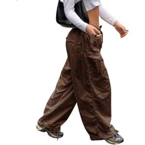 imagechouyatou Womens Baggy Cargo Parachute Pants Low Waisted Wide Leg Y2K Trousers SweatpantsBrown