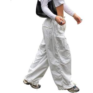 imagechouyatou Womens Baggy Cargo Parachute Pants Low Waisted Wide Leg Y2K Trousers SweatpantsWhite