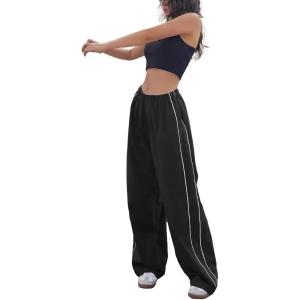 imagechouyatou Womens Parachute Pants Baggy Cargo Pants Streetwear Y2K Wide Leg SweatpantsBlack