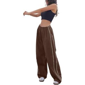 imagechouyatou Womens Parachute Pants Baggy Cargo Pants Streetwear Y2K Wide Leg SweatpantsBrown