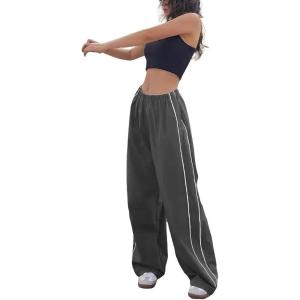 imagechouyatou Womens Parachute Pants Baggy Cargo Pants Streetwear Y2K Wide Leg SweatpantsGrey