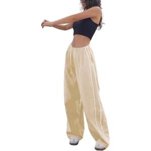 imagechouyatou Womens Parachute Pants Baggy Cargo Pants Streetwear Y2K Wide Leg SweatpantsKhaki