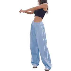 imagechouyatou Womens Parachute Pants Baggy Cargo Pants Streetwear Y2K Wide Leg SweatpantsLight Blue