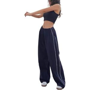 imagechouyatou Womens Parachute Pants Baggy Cargo Pants Streetwear Y2K Wide Leg SweatpantsNavy Blue