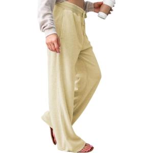 imagechouyatou Womens Winter Fuzzy Fleece Drawstring Waist Wide Leg Lounge Palazzo PantsApricot