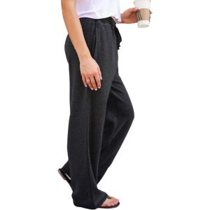 imagechouyatou Womens Winter Fuzzy Fleece Drawstring Waist Wide Leg Lounge Palazzo PantsBlack