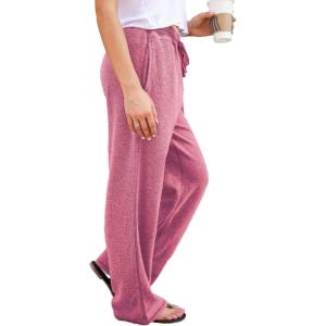 imagechouyatou Womens Winter Fuzzy Fleece Drawstring Waist Wide Leg Lounge Palazzo PantsPink