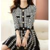 imagechouyatou Women Fall Elegant Houndstooth Ribbed Knit Sweater Dress Midi Short Pullover Sweater Work DressBlack