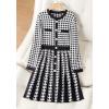 imagechouyatou Women Fall Elegant Houndstooth Ribbed Knit Sweater Dress Midi Short Pullover Sweater Work DressBlack