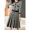 imagechouyatou Women Fall Elegant Houndstooth Ribbed Knit Sweater Dress Midi Short Pullover Sweater Work DressBlack