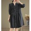 imagechouyatou Womens Button Down Denim Shirt Midi Dress Long Sleeve Pleated Jean Short Dress with PocketsBlack