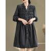 imagechouyatou Womens Button Down Denim Shirt Midi Dress Long Sleeve Pleated Jean Short Dress with PocketsBlack