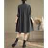 imagechouyatou Womens Button Down Denim Shirt Midi Dress Long Sleeve Pleated Jean Short Dress with PocketsBlack
