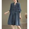imagechouyatou Womens Button Down Denim Shirt Midi Dress Long Sleeve Pleated Jean Short Dress with PocketsBlue