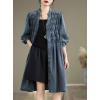 imagechouyatou Womens Button Down Denim Shirt Midi Dress Long Sleeve Pleated Jean Short Dress with PocketsBlue