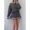 imagechouyatou Womens Cable Knit 2 Piece Outfits Color Block Sweater Elastic Waist Mini Pleated Skirt Two Piece SetsGrey