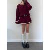 imagechouyatou Womens Cable Knit 2 Piece Outfits Color Block Sweater Elastic Waist Mini Pleated Skirt Two Piece SetsWine Red