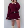 imagechouyatou Womens Cable Knit 2 Piece Outfits Color Block Sweater Elastic Waist Mini Pleated Skirt Two Piece SetsWine Red