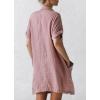 imagechouyatou Womens Casual Cotton Linen Dress Button Down Short Cuffed Sleeve Mini Shirt Dress with PocketsPink