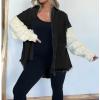 imagechouyatou Womens Y2K Cable Knitted Long Sleeve Button Down Denim Jacket Color Block Patchwork Jean JacketBlack