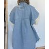 imagechouyatou Womens Y2K Cable Knitted Long Sleeve Button Down Denim Jacket Color Block Patchwork Jean JacketBlue