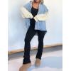 imagechouyatou Womens Y2K Cable Knitted Long Sleeve Button Down Denim Jacket Color Block Patchwork Jean JacketBlue