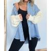 imagechouyatou Womens Y2K Cable Knitted Long Sleeve Button Down Denim Jacket Color Block Patchwork Jean JacketBlue