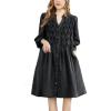 imagechouyatou Womens Button Down Denim Shirt Midi Dress Long Sleeve Pleated Jean Short Dress with PocketsBlack