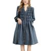imagechouyatou Womens Button Down Denim Shirt Midi Dress Long Sleeve Pleated Jean Short Dress with PocketsBlue