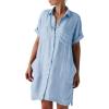 imagechouyatou Womens Casual Cotton Linen Dress Button Down Short Cuffed Sleeve Mini Shirt Dress with PocketsBlue