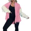 imagechouyatou Womens Y2K Cable Knitted Long Sleeve Button Down Denim Jacket Color Block Patchwork Jean JacketPink