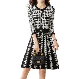 imagechouyatou Women Fall Elegant Houndstooth Ribbed Knit Sweater Dress Midi Short Pullover Sweater Work DressBlack