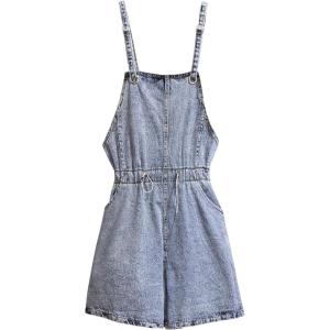imagechouyatou Womens Adjusted Straps Plus Size Drawstring Waist Distressed Denim Bib Pinafore Short OverallLight Blue