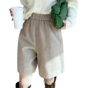 imagechouyatou Womens Business Casual Shorts Elastic High Waisted Pleated Wool Wide Leg Shorts with PocketsKhaki