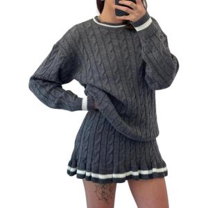 imagechouyatou Womens Cable Knit 2 Piece Outfits Color Block Sweater Elastic Waist Mini Pleated Skirt Two Piece SetsGrey