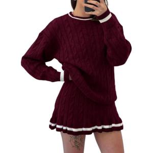 imagechouyatou Womens Cable Knit 2 Piece Outfits Color Block Sweater Elastic Waist Mini Pleated Skirt Two Piece SetsWine Red