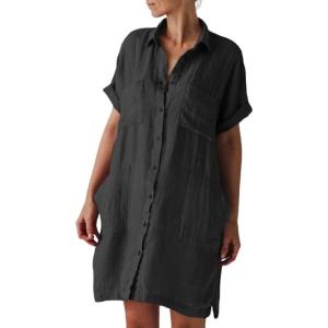 imagechouyatou Womens Casual Cotton Linen Dress Button Down Short Cuffed Sleeve Mini Shirt Dress with PocketsBlack