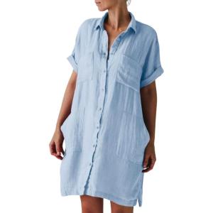 imagechouyatou Womens Casual Cotton Linen Dress Button Down Short Cuffed Sleeve Mini Shirt Dress with PocketsBlue