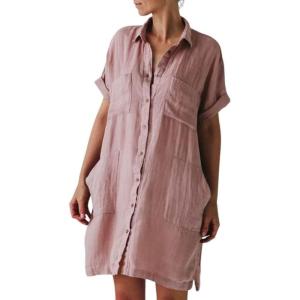 imagechouyatou Womens Casual Cotton Linen Dress Button Down Short Cuffed Sleeve Mini Shirt Dress with PocketsPink