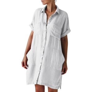 imagechouyatou Womens Casual Cotton Linen Dress Button Down Short Cuffed Sleeve Mini Shirt Dress with PocketsWhite