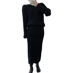 imagechouyatou Womens Two Piece Sweater Skirt Sets Knitted Sweater Top and Midi Long Bodycon Skirt 2 Piece OutfitsBlack