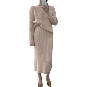 imagechouyatou Womens Two Piece Sweater Skirt Sets Knitted Sweater Top and Midi Long Bodycon Skirt 2 Piece OutfitsKhaki