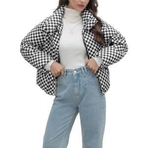 imagechouyatou Womens Winter Plaid Checkered Quilted Puffer Jacket Stand Collar Zip Up Short Puffy Down CoatBlack