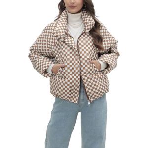 imagechouyatou Womens Winter Plaid Checkered Quilted Puffer Jacket Stand Collar Zip Up Short Puffy Down CoatKhaki