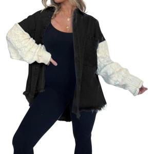 imagechouyatou Womens Y2K Cable Knitted Long Sleeve Button Down Denim Jacket Color Block Patchwork Jean JacketBlack
