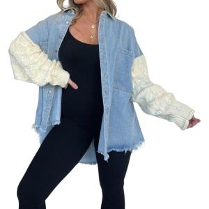 imagechouyatou Womens Y2K Cable Knitted Long Sleeve Button Down Denim Jacket Color Block Patchwork Jean JacketBlue