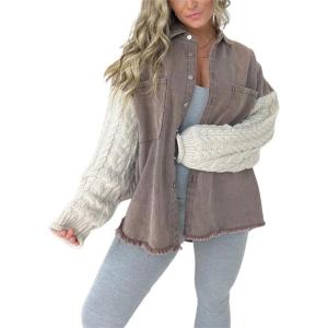 imagechouyatou Womens Y2K Cable Knitted Long Sleeve Button Down Denim Jacket Color Block Patchwork Jean JacketBrown